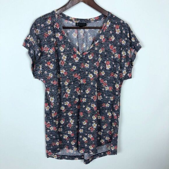 Collection by Bobeau Blue Floral V-Neck Short Sleeve Shirt - Picture 1 of 4